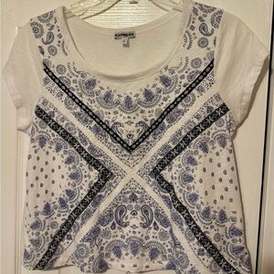 Express Women's Short Sleeve Top with Blue and White Design
